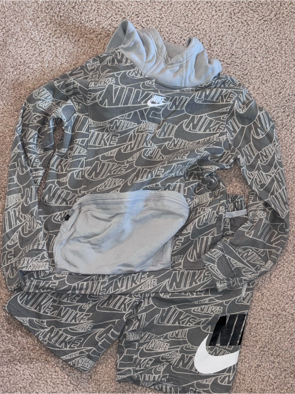 Nike Gray Allover Logo Athletic Shorts with White Swoosh